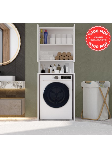 Mobilya Çamaşır Makinesi Dolabı 3 Raflı Kapaklı Banyo Dolabı Beyaz Mdf