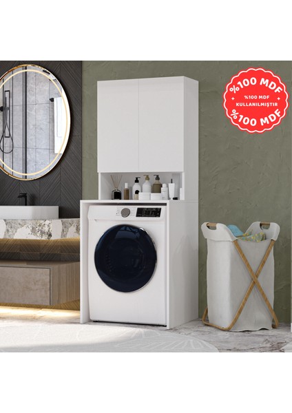 Mobilya Çamaşır Makinesi Dolabı 3 Raflı Kapaklı Banyo Dolabı Beyaz Mdf