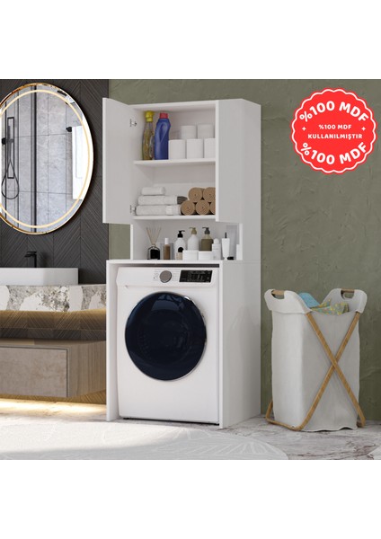 Mobilya Çamaşır Makinesi Dolabı 3 Raflı Kapaklı Banyo Dolabı Beyaz Mdf