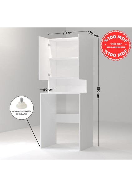 Mobilya Çamaşır Makinesi Dolabı 3 Raflı Kapaklı Banyo Dolabı Beyaz Mdf