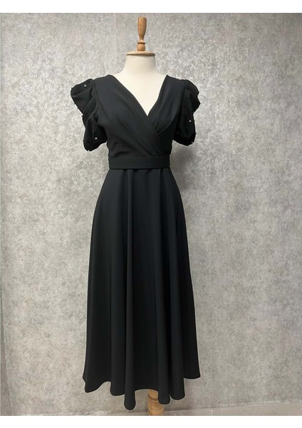 24Y1644 Elbise Abiye Kolları Taşlı Beli Kemerli 24Y1644 Siyah 40