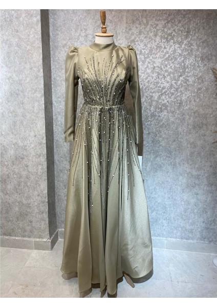 24Y4748 Hennin Abiye Elbise Üstü Taş Işlemeli - Hennin - 24Y4748 - Bej - 38