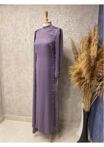 24Y4827 Hennin Elbise Abiye Yanları ve Kol Ucu Taş Detaylı - Hennin - 24Y4827 - Lila - 38 fiyatları