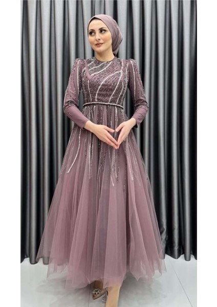 24Y4581 Hennin Abiye Elbise Taş Işlemeli Tül Katlı - Hennin - 24Y4581 - Gül Kurusu - 38