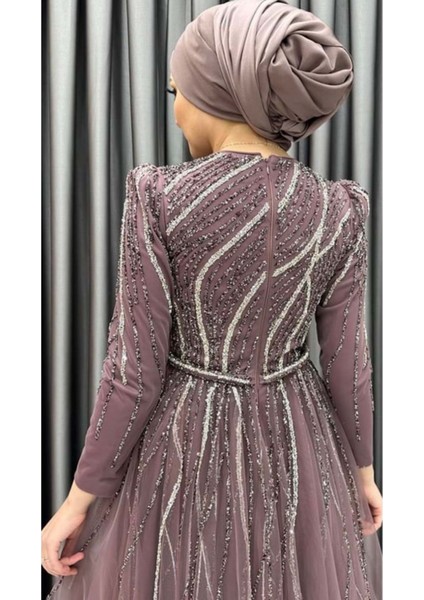 24Y4581 Hennin Abiye Elbise Taş Işlemeli Tül Katlı - Hennin - 24Y4581 - Gül Kurusu - 38