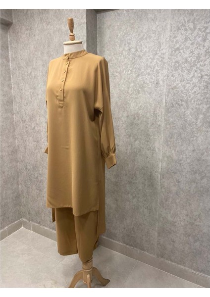 24Y8266 Takım Tunik Pantolon Yarım Düğmeli Bol Paça - Naqshe - 24Y8266 - Camel - 40