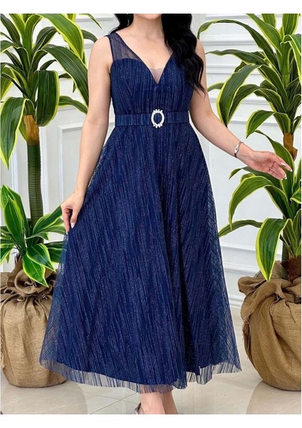 24Y1633 Elbise Abiye Midi Simli Bel Taş Kemerli 24Y1633 Lacı 36