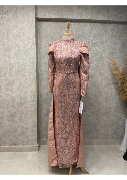 24Y4884 Hennin Abiye Elbise Taşlı Arkası Pelerinli - Hennin - 24Y4884 - Pudra - 38