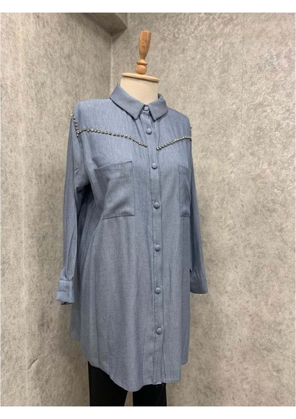 24Y5206 Tunik Düğmeli Önü Taşlıcepli - Vishne - 24Y5206 - Indigo - 38