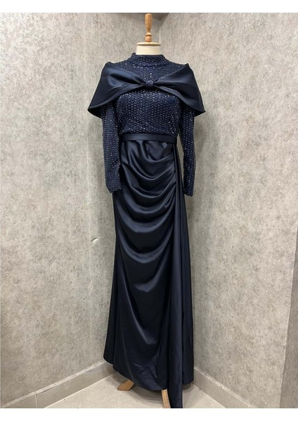 24Y4747 Hennin Abiye Elbise Saten Üstü Pullu - Hennin - 24Y4747 - Lacı - 40