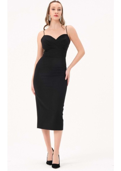 24Y1572 Elbise Abiye Kalem Midi Bel Göğüs Drope Detaylı Ip Askılı 24Y1572 Siyah 38
