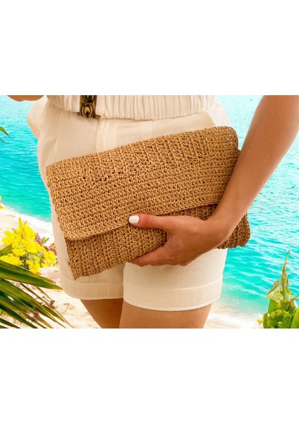 * Hasır El Yapımı Astarlı Clutch Çanta, Hasır Kağıt Ip Örgü Portföy Çanta, Plaj Çantası, Handmade