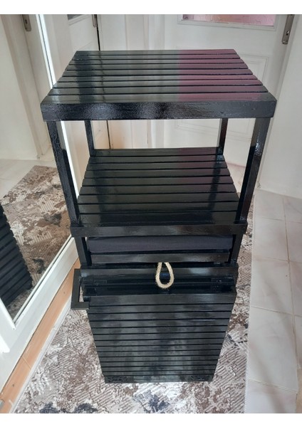 Ahşap Çamaşır Sepeti Raflı Çekmeceli Siyah
