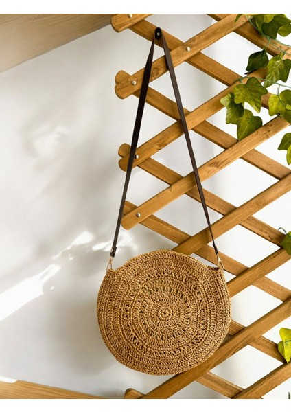 Hasır El Yapımı Astarlı Deri Askılı Örgü Çanta, Yuvarlak Kadın Çapraz Çanta, Plaj Çantası, Handmade