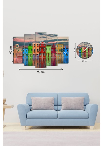 Dijital Baskılı Rengarenk Ev Motifli 5 Parçalı Saatli Mdf Ahşap Tablo, T-1521