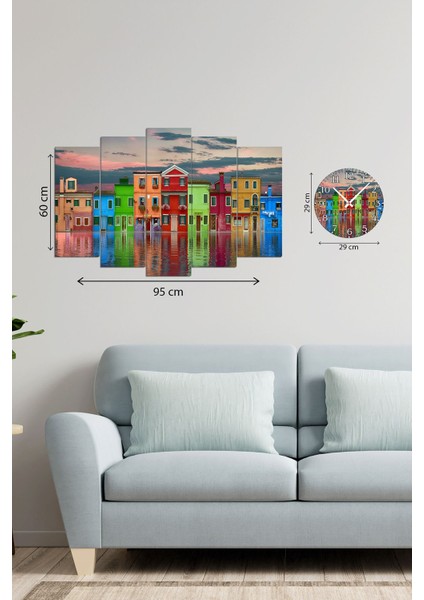 Dijital Baskılı Rengarenk Ev Motifli 5 Parçalı Saatli Mdf Ahşap Tablo, T-1521