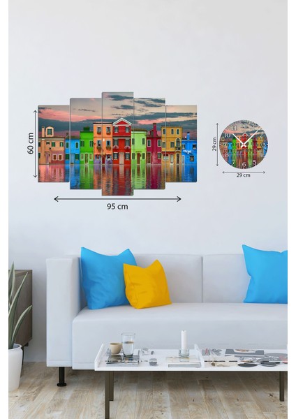 Dijital Baskılı Rengarenk Ev Motifli 5 Parçalı Saatli Mdf Ahşap Tablo, T-1521