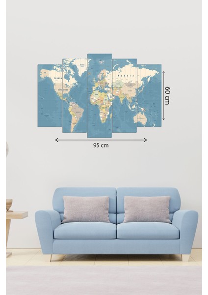 Dijital Baskılı Dünya Haritası Motifli 5 Parçalı Mdf Ahşap Tablo, T-1560