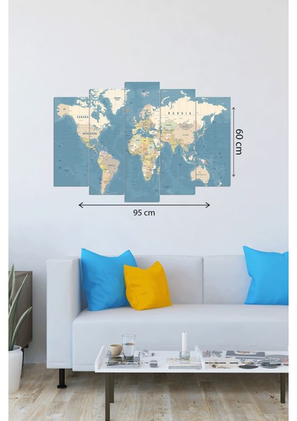 Dijital Baskılı Dünya Haritası Motifli 5 Parçalı Mdf Ahşap Tablo, T-1560