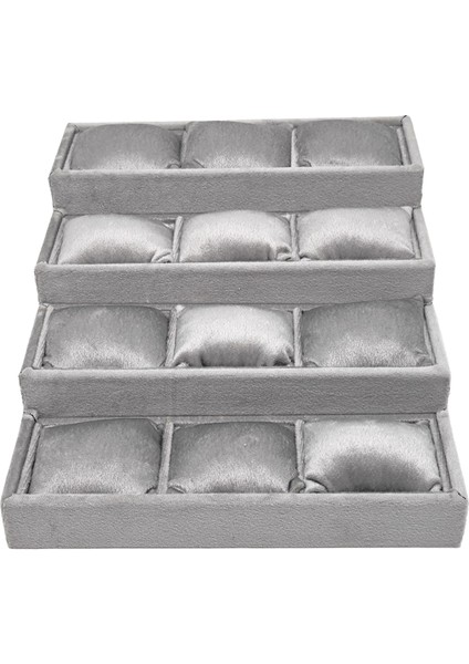 Süet Kumaş Füme Renk 4 Katlı 12 Yastıklı Saat ve Takı Kutusu 36X26X12 cm