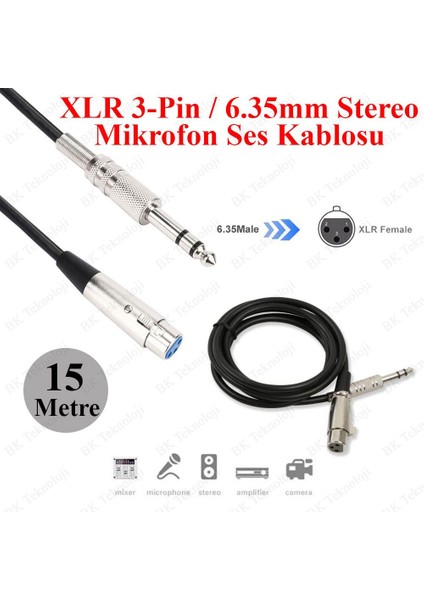 Yüksek Kalite Xlr 3-Pin Dişi 6.35MM Stereo Erkek Mikrofon Ses Kablosu-15 m