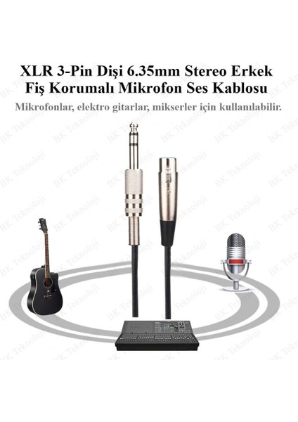 Yüksek Kalite Xlr 3-Pin Dişi 6.35MM Stereo Erkek Mikrofon Ses Kablosu-15 m