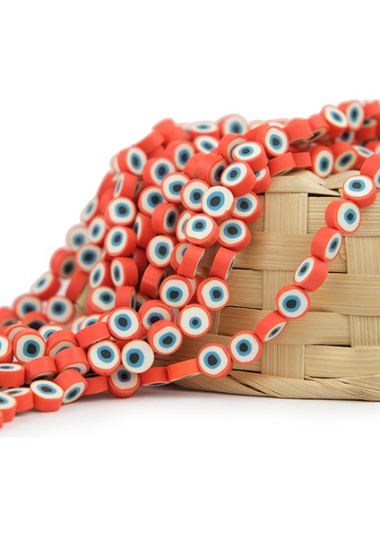 Kırmızı Renkli Nazar Boncuğu Figürlü Fimo Boncuk Dizisi 10 mm 40 Adet