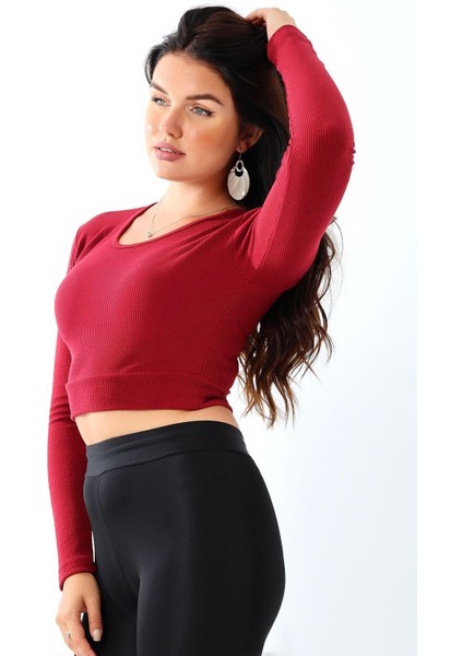 Likralı Simit Yaka Kollu Crop