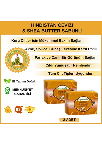 Doğal Hindistan Cevizi & Shea Butter Sabunu 140 gr x 2 Adet Tüm Cilt Tipleri Için Besleyici ve Onarıcı Etkili