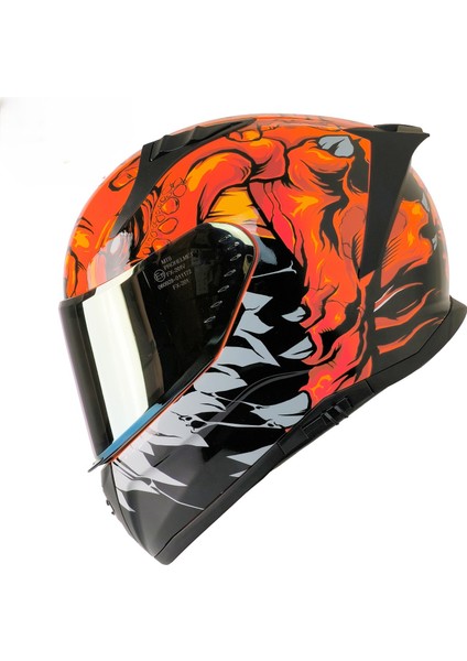 Motosiklet Kaskı Ece 22.R06 Sertifikalı Double Vizör Fiber Motor Kask Full Face New Lizzaro Orange