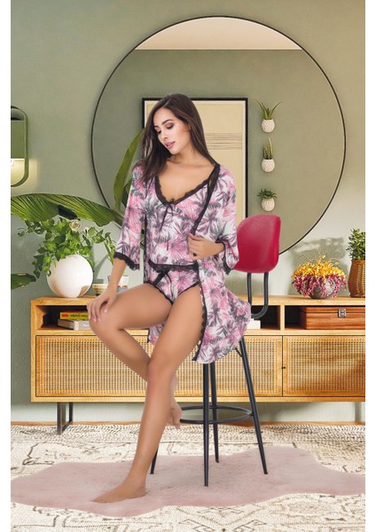 Esilora Kadın Seksi Fantezi Erotik Saten Büstiyer Şortlu Dantelli Gecelik Sabahlık Iç Çamaşır 3 Parça