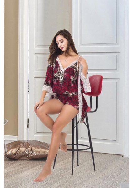 Esilora Kadın Seksi Fantezi Erotik Saten Büstiyer Şortlu Dantelli Gecelik Sabahlık Iç Çamaşır 3 Parça