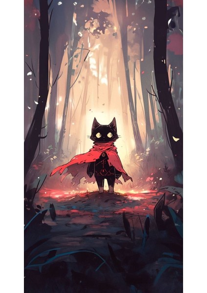 Kırmızı Pelerinli Kedi Çizim Duvar Poster 30X42 cm Çerçevesiz