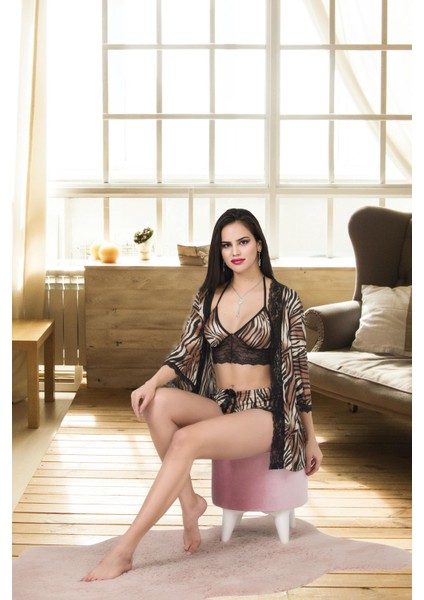 Esilora Kadın Seksi Fantezi Erotik Saten Büstiyer Şortlu Dantelli Gecelik Sabahlık Iç Çamaşır 3 Parça