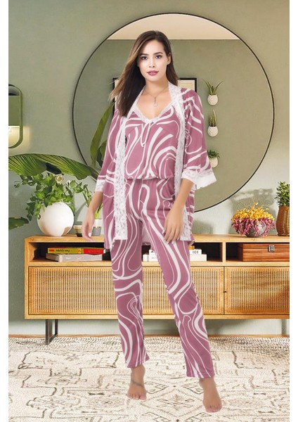 Kadın Dantelli Pamuk Saten Lux Kalite Askılı Pijama Sabahlık Gecelik Set 3 Parça