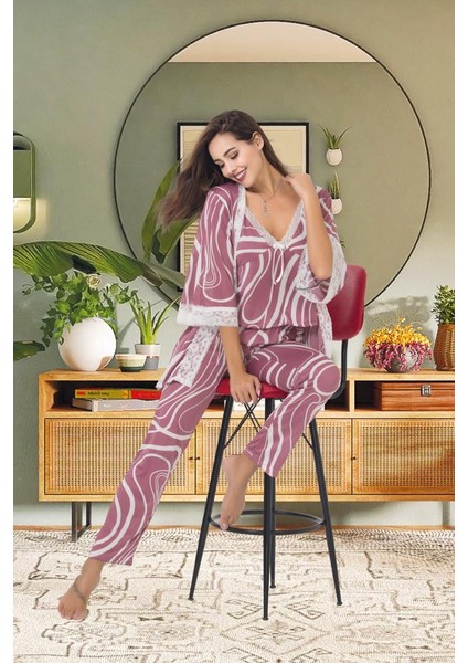 Kadın Dantelli Pamuk Saten Lux Kalite Askılı Pijama Sabahlık Gecelik Set 3 Parça