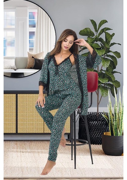 Kadın Dantelli Pamuk Saten Lux Kalite Askılı Pijama Sabahlık Gecelik Set 3 Parça