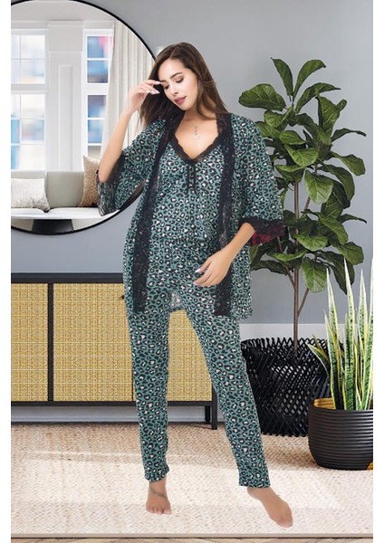 Kadın Dantelli Pamuk Saten Lux Kalite Askılı Pijama Sabahlık Gecelik Set 3 Parça
