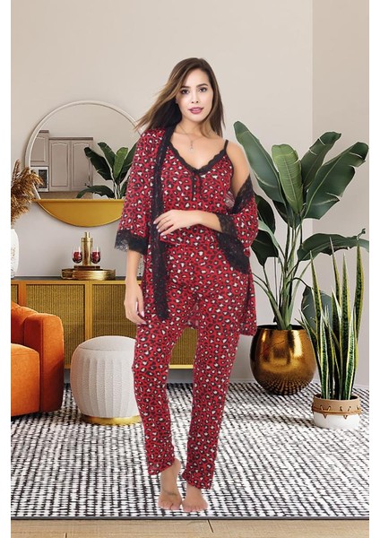 Kadın Dantelli Pamuk Saten Lux Kalite Askılı Pijama Sabahlık Gecelik Set 3 Parça