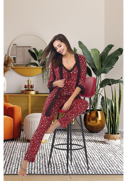 Kadın Dantelli Pamuk Saten Lux Kalite Askılı Pijama Sabahlık Gecelik Set 3 Parça