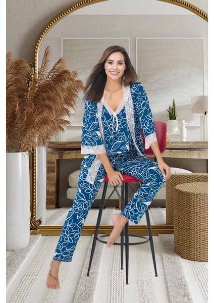 Kadın Dantelli Pamuk Saten Lux Kalite Askılı Pijama Sabahlık Gecelik Set 3 Parça