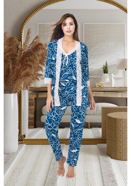 Kadın Dantelli Pamuk Saten Lux Kalite Askılı Pijama Sabahlık Gecelik Set 3 Parça fiyatları