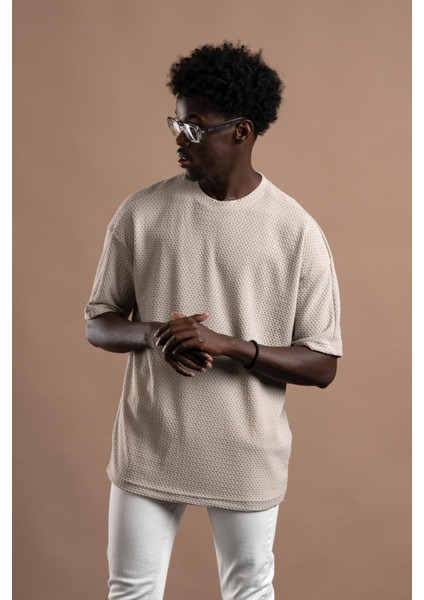 Oversize (Bol Kesim) Bisiklet Yaka Örgülü Likralı Kısa Kol T-Shirt