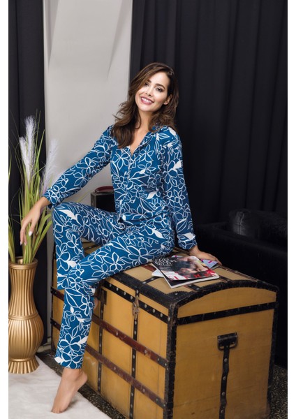 Kadın Pamuk Saten Lux Kalite Desenli Düğmeli Uzun Kollu 2 Parça Pijama Takımı