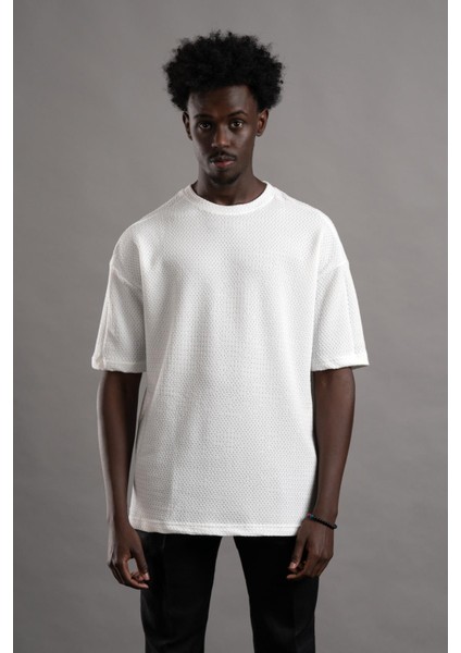 Oversize (Bol Kesim) Bisiklet Yaka Örgülü Likralı Kısa Kol T-Shirt