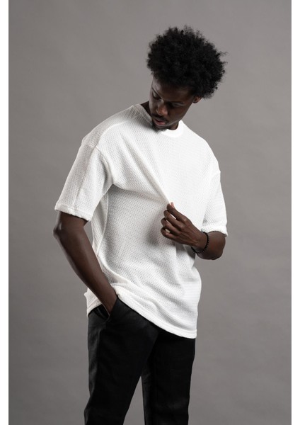 Oversize (Bol Kesim) Bisiklet Yaka Örgülü Likralı Kısa Kol T-Shirt fiyatları