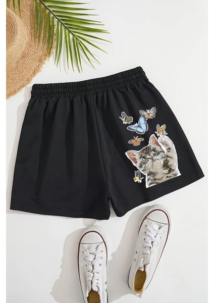 Çocuk Kelebek ve Kedicik Baskılı Pamuklu Beli Lastikli Penye Şort