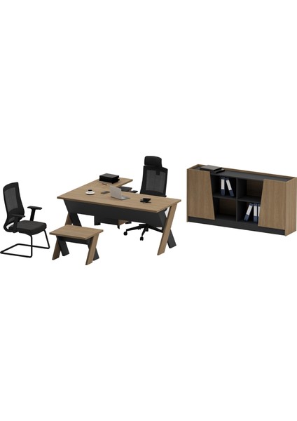 Omix L Çalışma Ofis Masa Takımı 140 cm (Meşe)