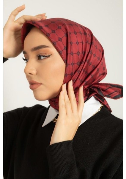 Bordo Monogram Desenli Tivil Ipek Eşarp 11393-11