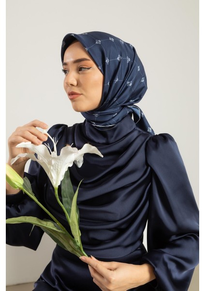 Lacivert Desenli Tivil Ipek Eşarp 11392-21